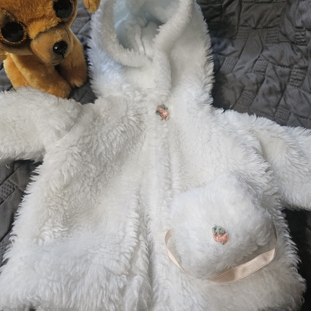 Vintage 1980s White Plush Doll Coat with Hood And Matching Hand Warmer